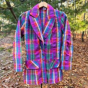 70s Colorful Seersucker Plaid Dagger Collar Blazer Jacket Rainbow Boho Retro
